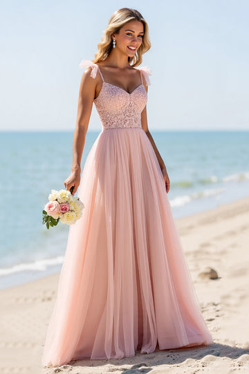 A Line Tulle Blush Bridesmaid Dress with Appliques